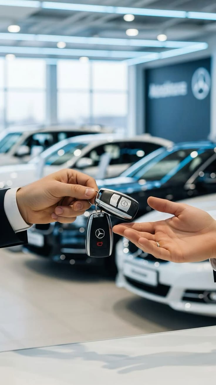 Car keys being handed over inside a bright car dealership